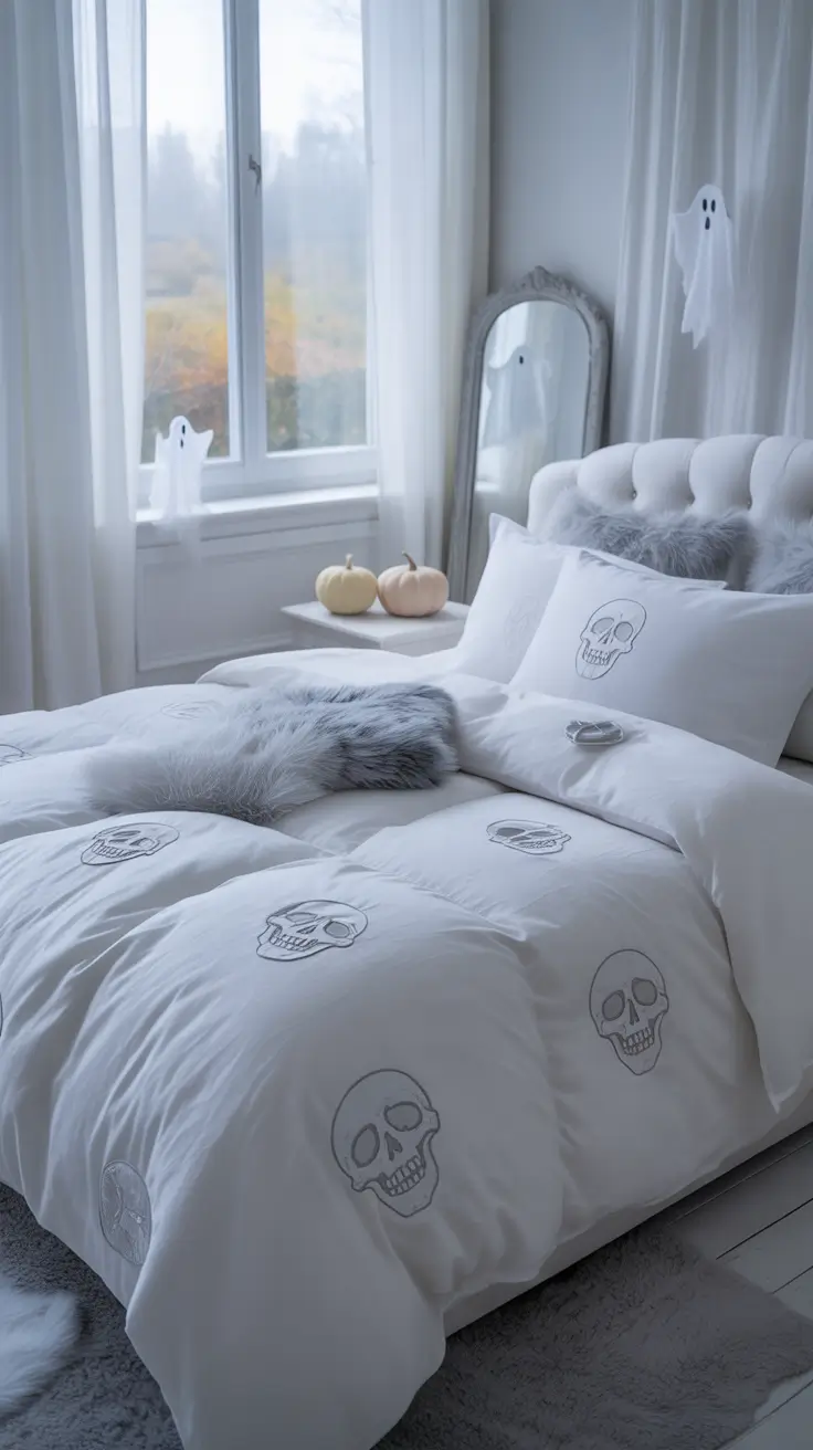 halloween bedroom decor 2025 White Halloween Bedrooms That Feel Ghostly Clean