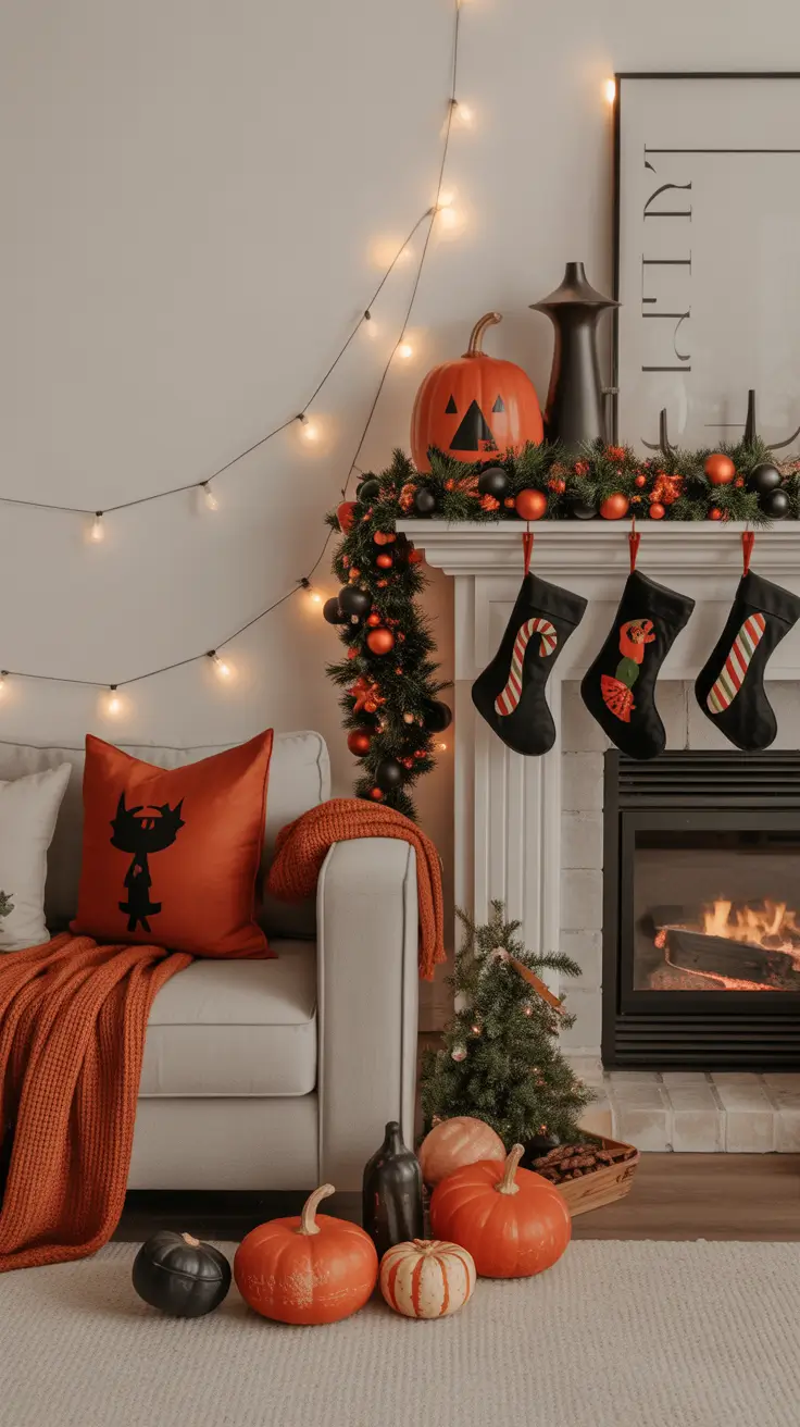 halloween fireplace decor ideas 2025 Blending Christmas With Halloween Mantels
