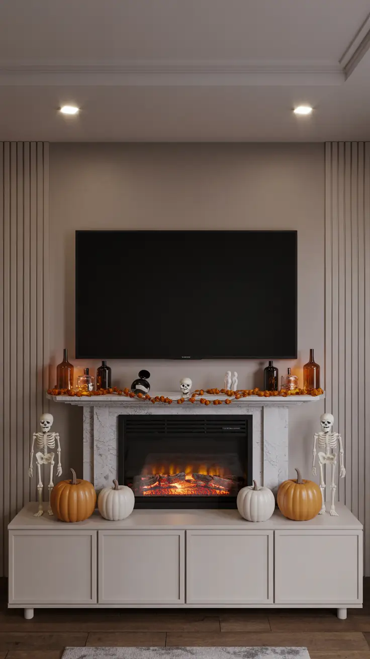 halloween fireplace decor ideas 2025 Spooky TV Stand Styling Near Fireplaces