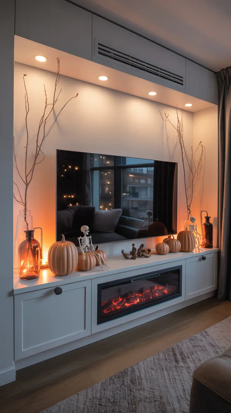 halloween fireplace decor ideas 2025 Spooky TV Stand Styling Near Fireplaces