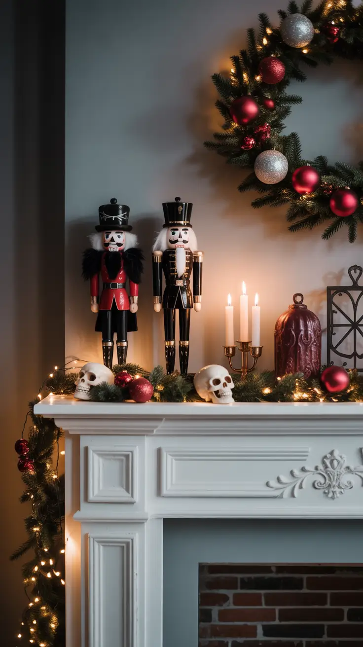 halloween fireplace decor ideas 2025 Mantel Christmas Decorating With a Dark Twist
