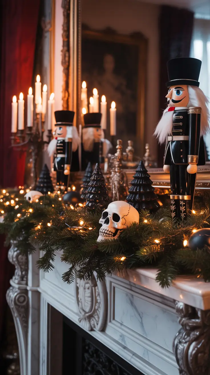 halloween fireplace decor ideas 2025 Mantel Christmas Decorating With a Dark Twist