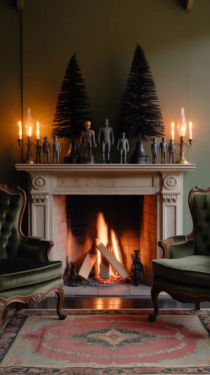 halloween fireplace decor ideas 2025 Vintage Christmas Meets Gothic Halloween