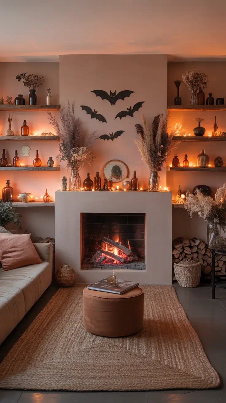 halloween fireplace decor ideas 2025 Floating Shelf Haunts and Mantel Magic