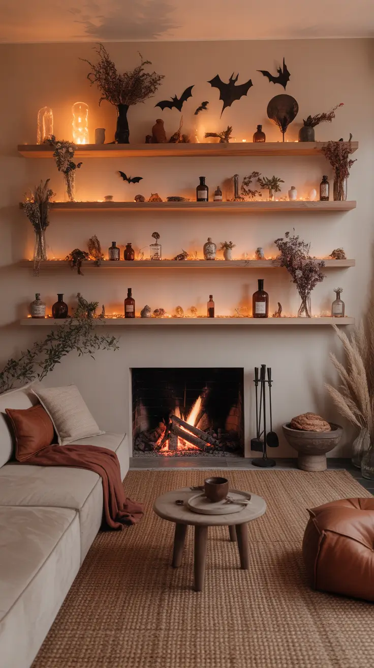 halloween fireplace decor ideas 2025 Floating Shelf Haunts and Mantel Magic