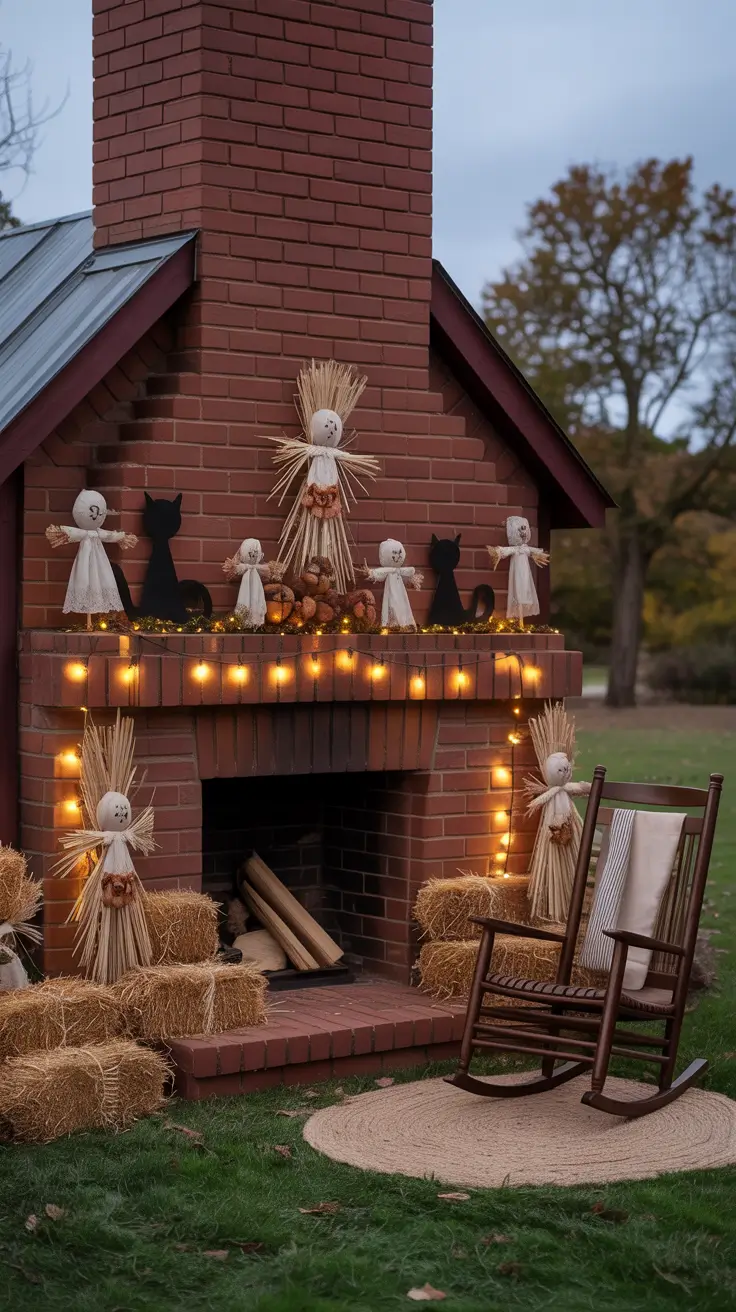 halloween fireplace decor ideas 2025 Red Brick Fireplace Halloween Glow-Ups