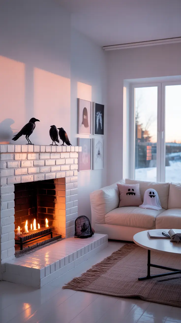 halloween fireplace decor ideas 2025 White Fireplace Halloween Chic