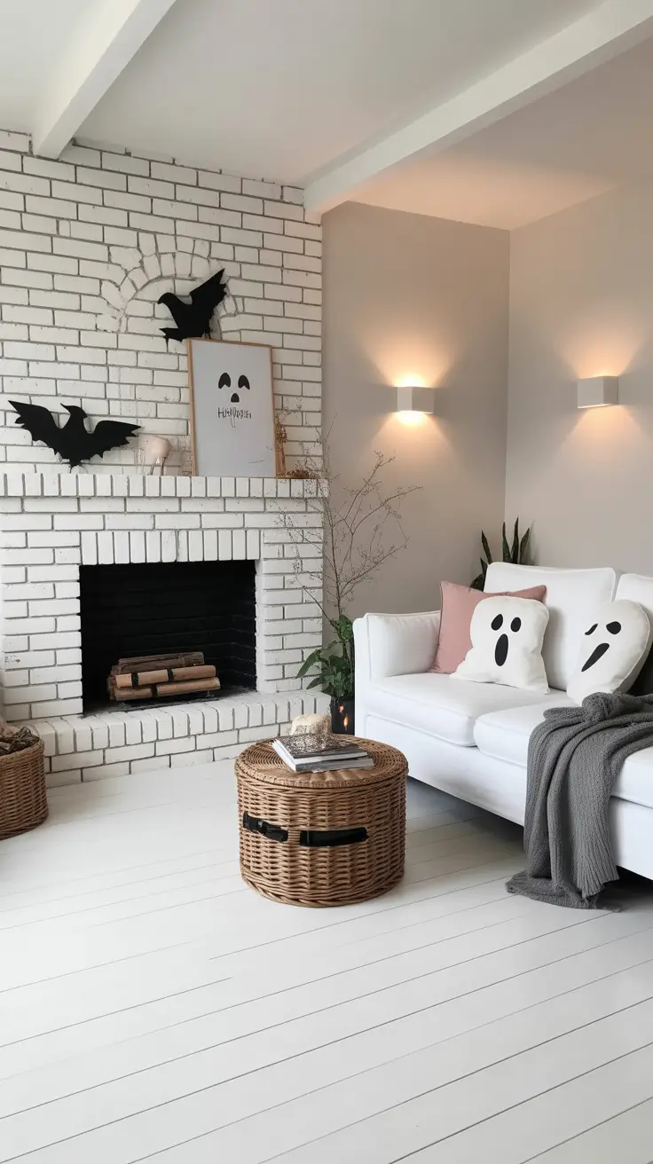 halloween fireplace decor ideas 2025 White Fireplace Halloween Chic
