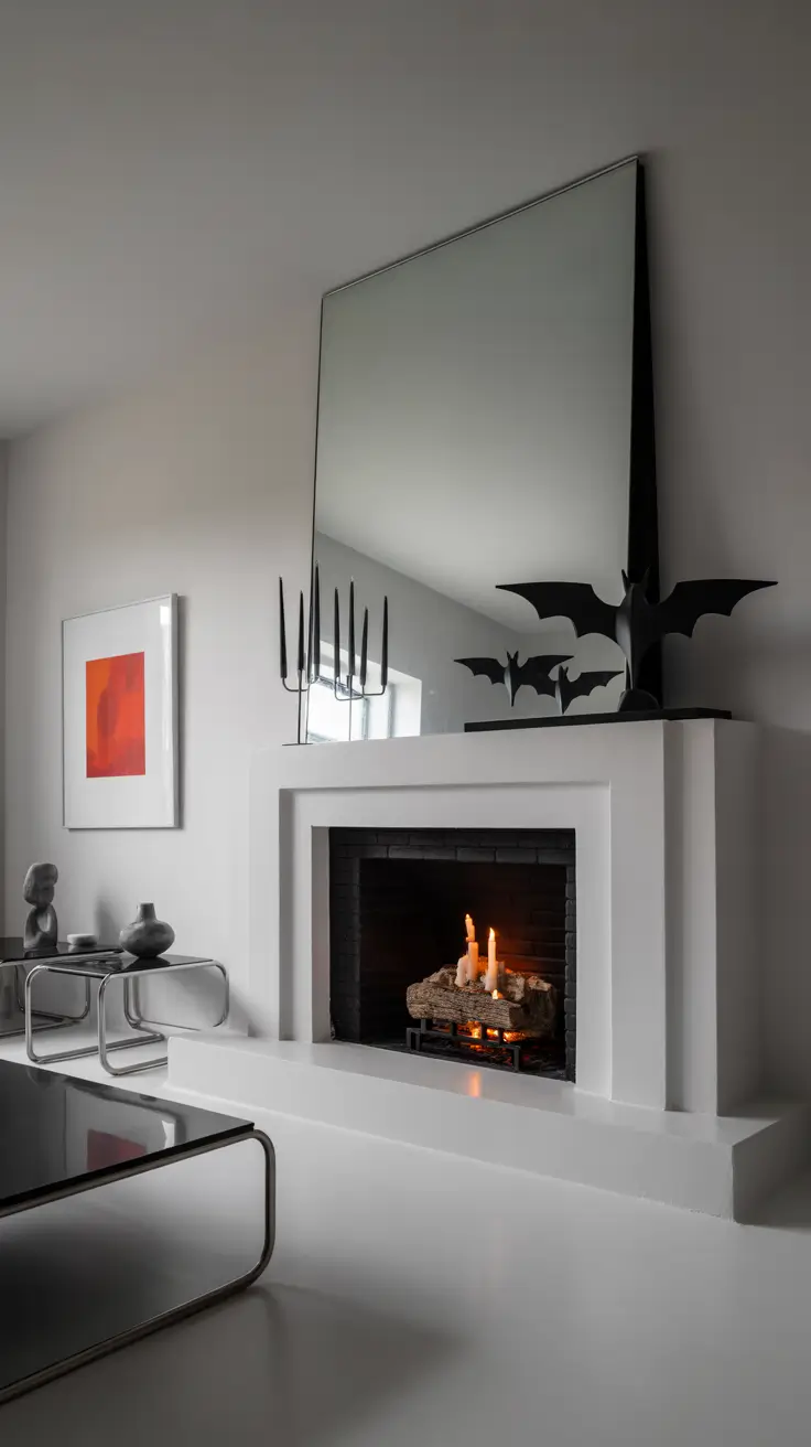 halloween fireplace decor ideas 2025 Modern Black-And-White Mantel Styling