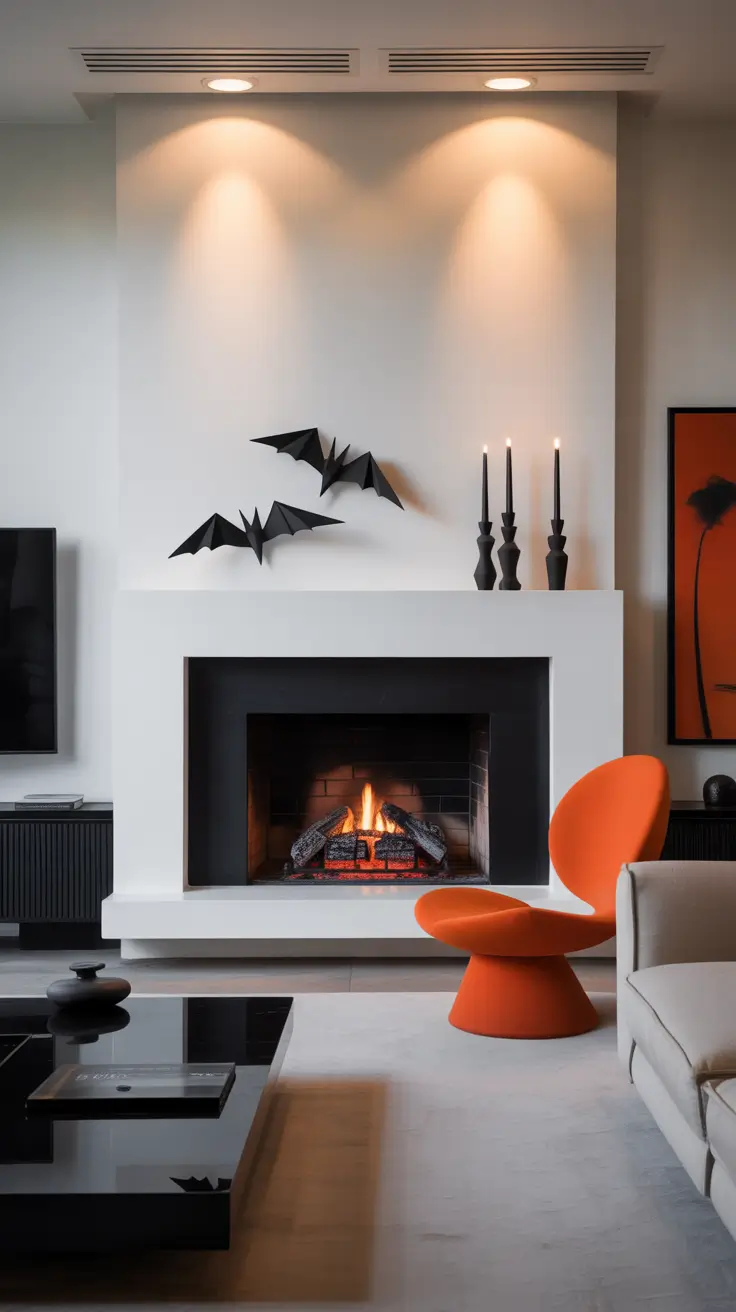 halloween fireplace decor ideas 2025 Modern Black-And-White Mantel Styling
