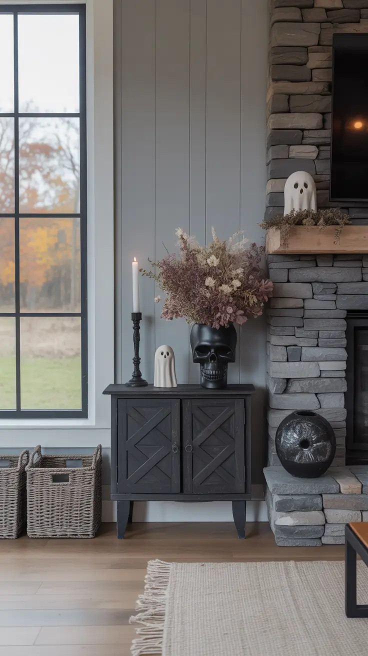 halloween fireplace decor ideas 2025 Side Cabinet Styling for Halloween Balance