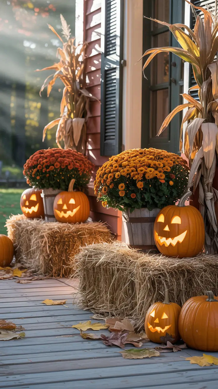 Halloween Front Porch Decor Ideas 2025 Harvest-Themed Porch With Halloween Accents