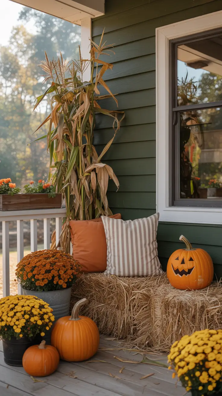 Halloween Front Porch Decor Ideas 2025 Harvest-Themed Porch With Halloween Accents
