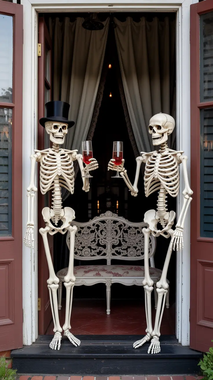 Halloween Front Porch Decor Ideas 2025 Spooky Skeletons Greeting Guests at the Entrance