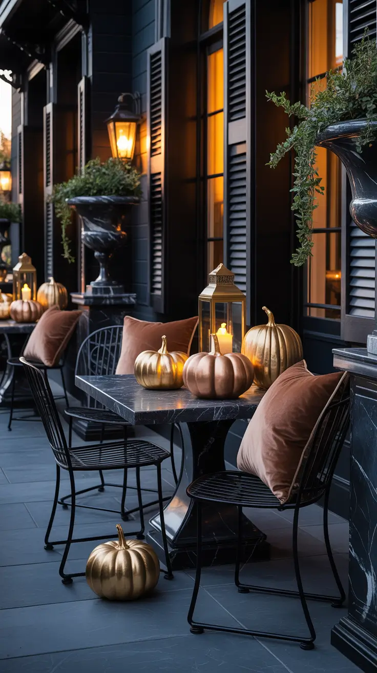 halloween front porch decor ideas 2025 Classy Black-And-Gold Halloween Porch Decor