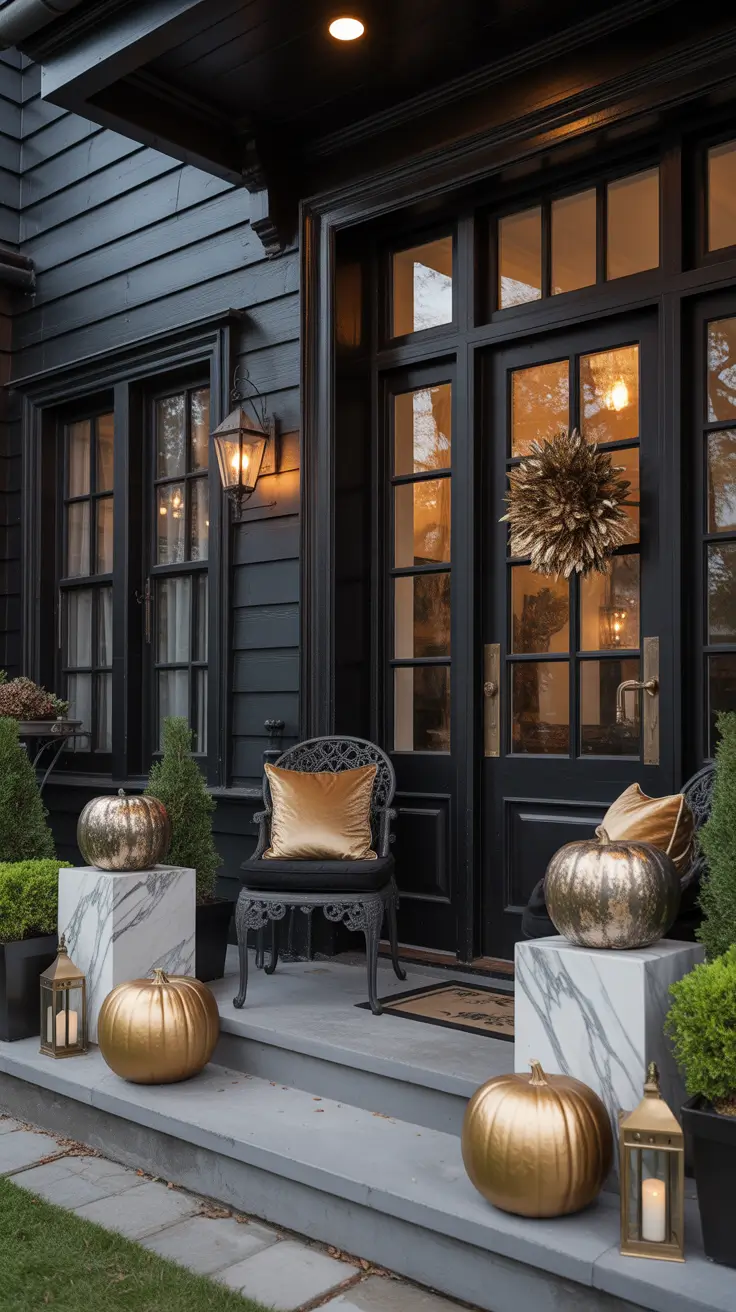 halloween front porch decor ideas 2025 Classy Black-And-Gold Halloween Porch Decor