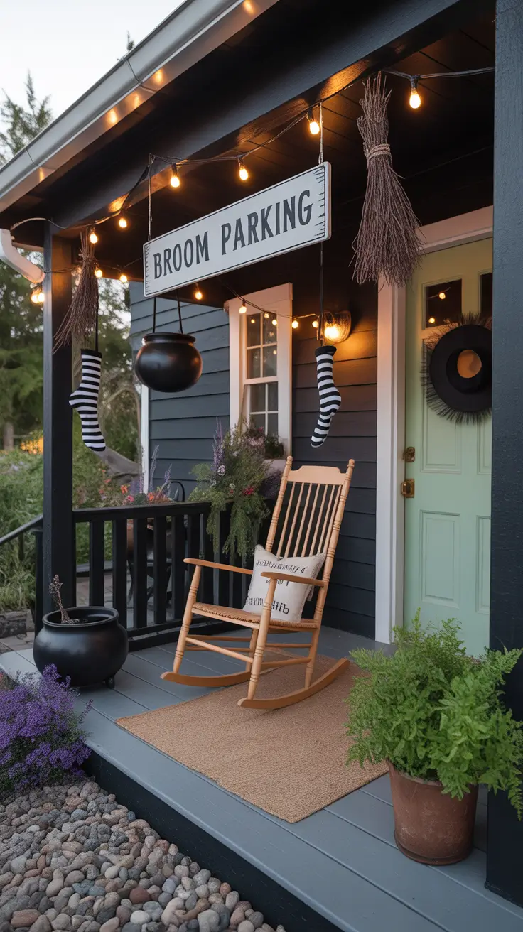 halloween front porch decor ideas 2025 Whimsical Witch-Themed Porch Setup With Broom Parking