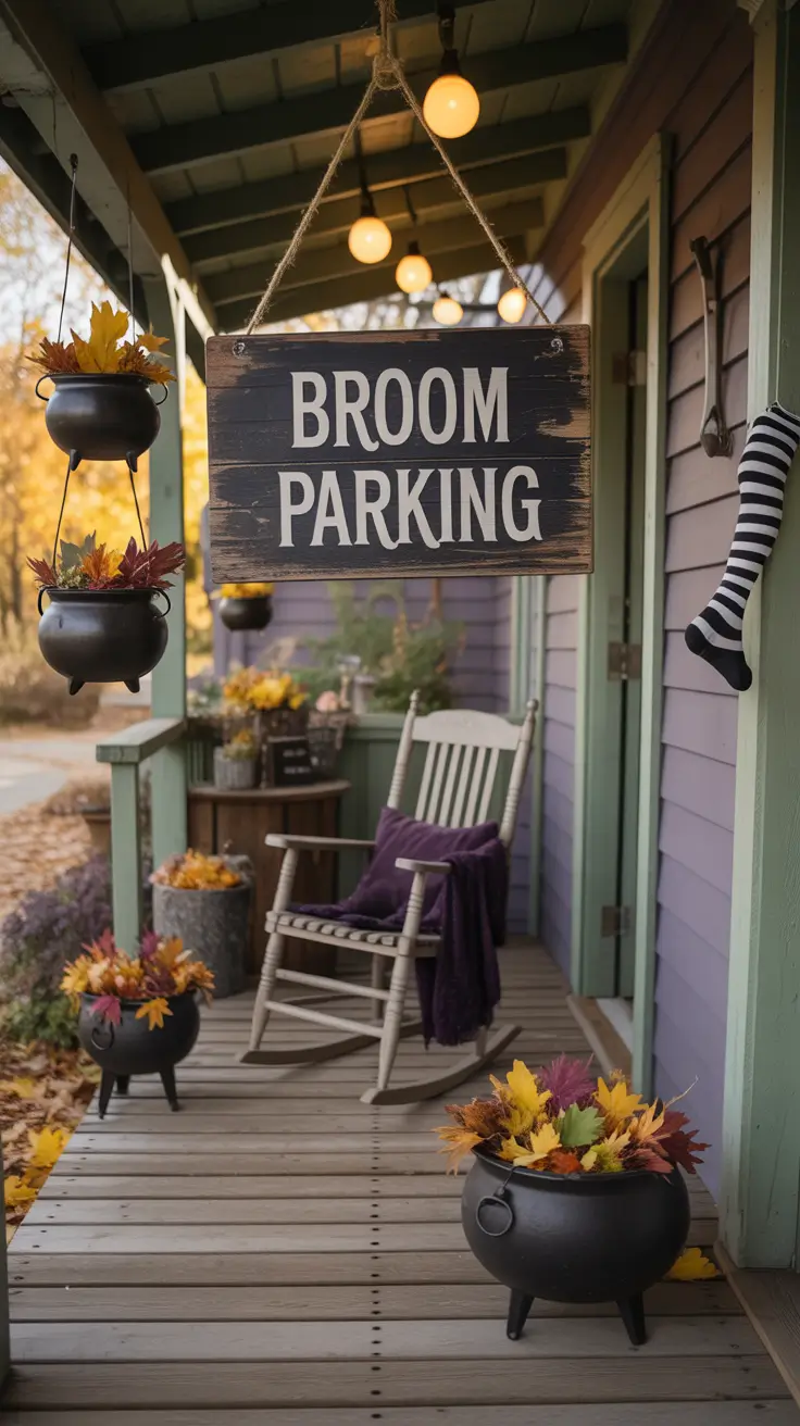 halloween front porch decor ideas 2025 Whimsical Witch-Themed Porch Setup With Broom Parking