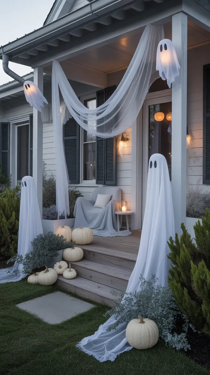 halloween front porch decor ideas 2025 Ghostly White Porch Aesthetic With DIY Draping