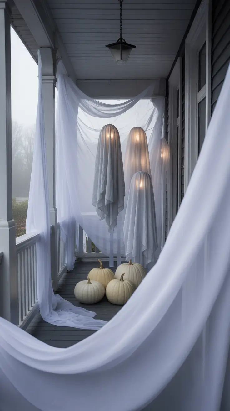 halloween front porch decor ideas 2025 Ghostly White Porch Aesthetic With DIY Draping