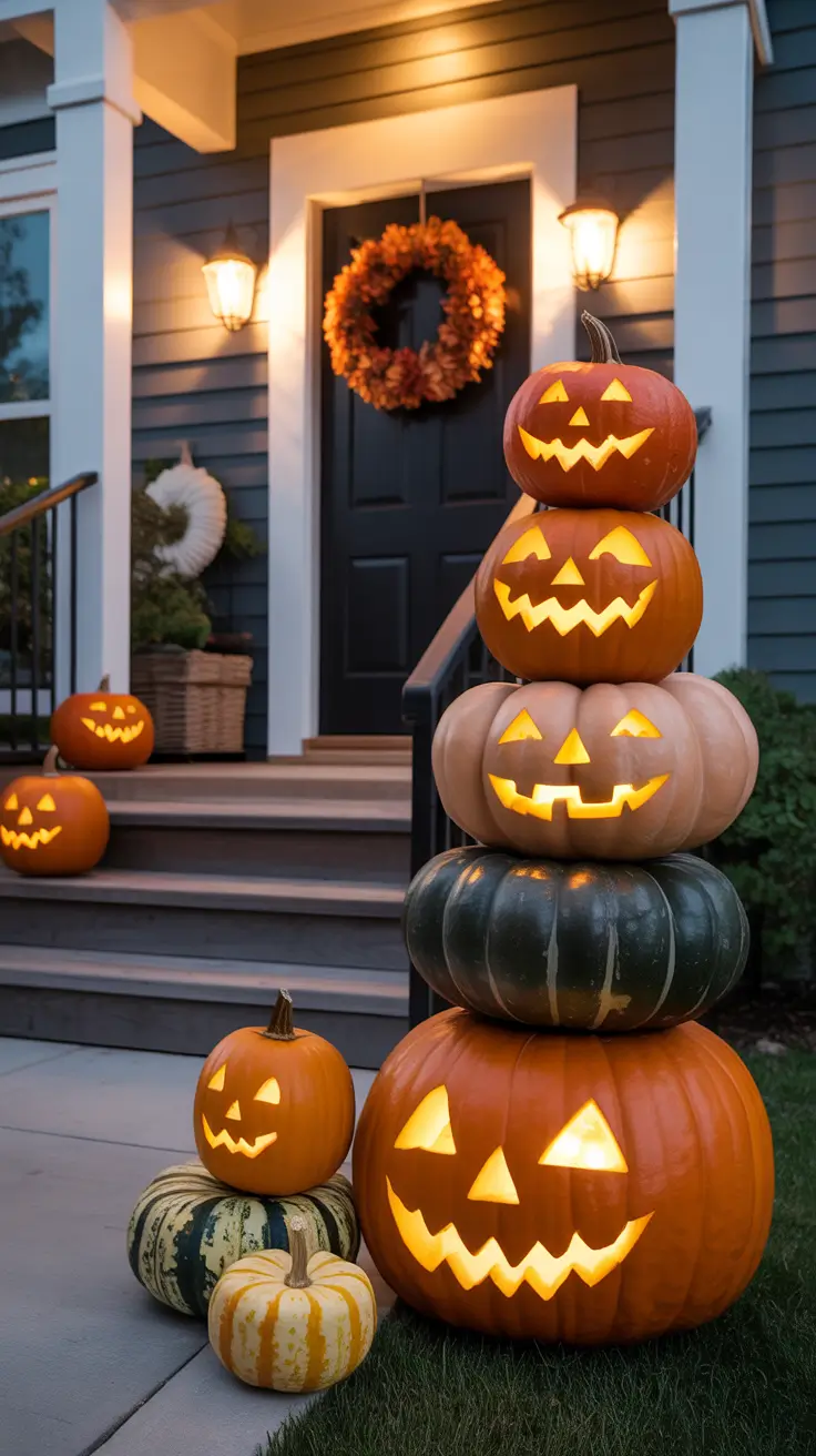 halloween front porch decor ideas 2025 DIY Pumpkin Tower Entrance Ideas