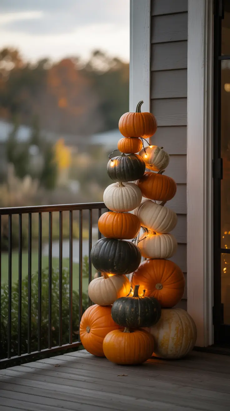 halloween front porch decor ideas 2025 DIY Pumpkin Tower Entrance Ideas