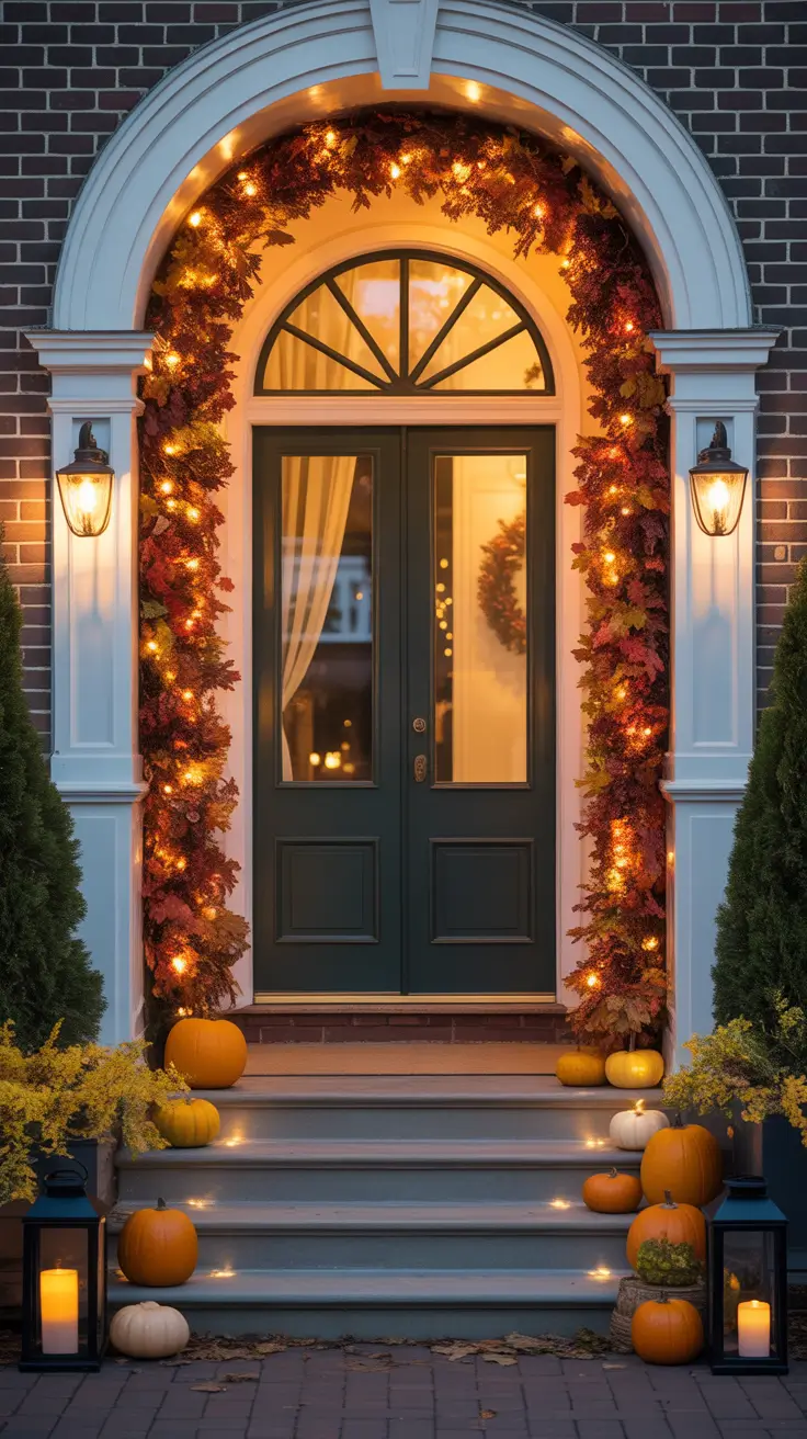halloween front porch decor ideas 2025 Halloween Door Garland With Faux Foliage and Lights