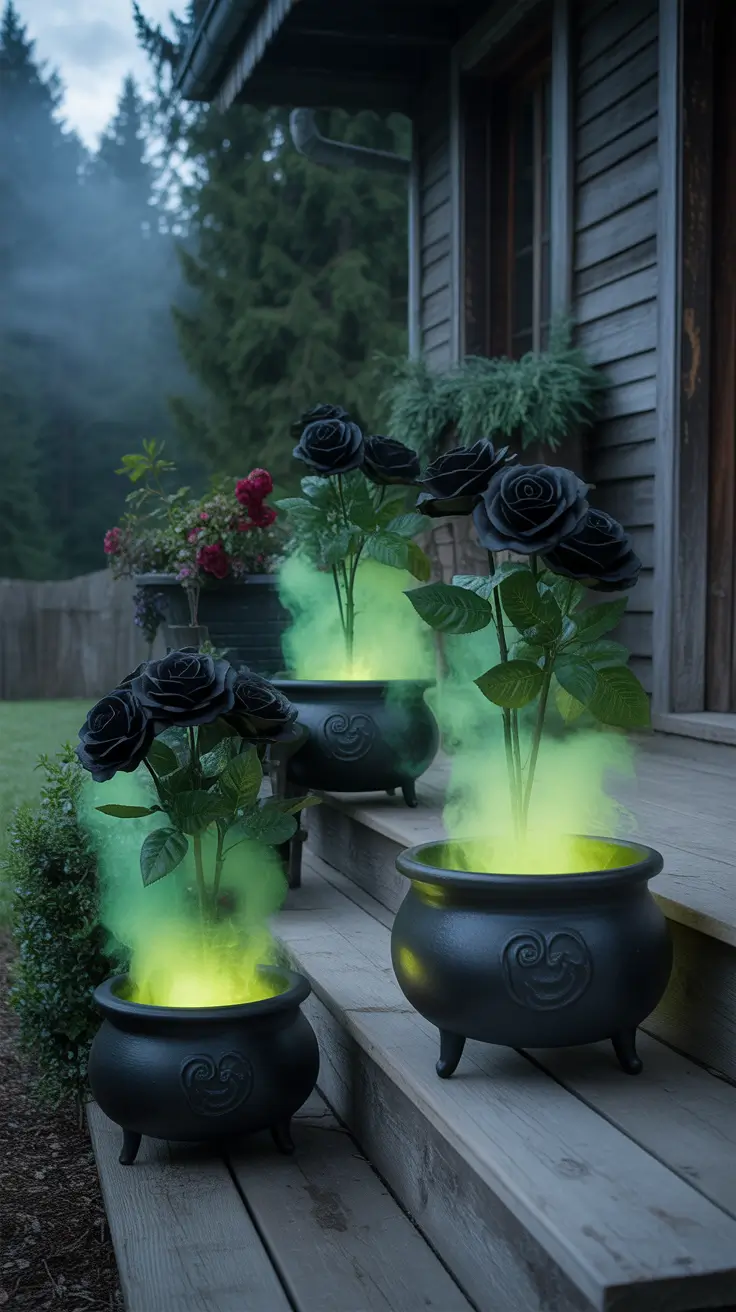 halloween front porch decor ideas 2025 Planter Cauldrons Overflowing With Creepy Blooms