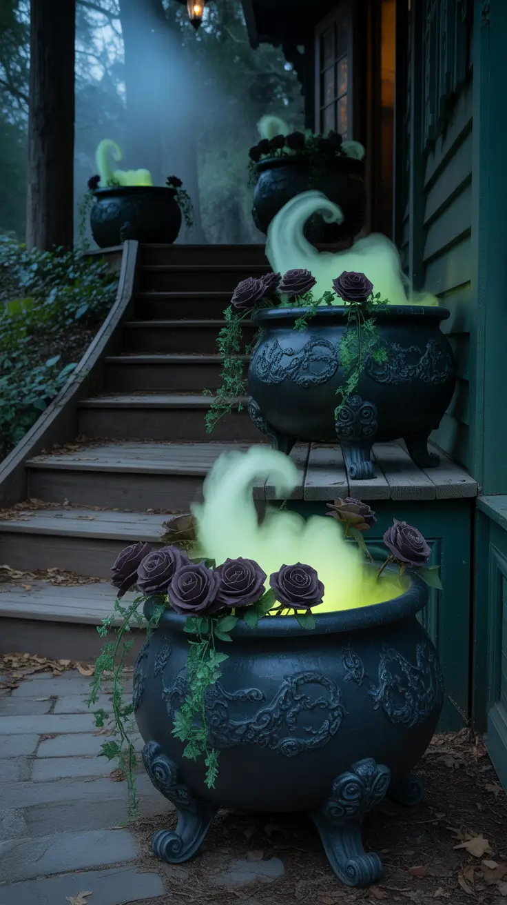 halloween front porch decor ideas 2025 Planter Cauldrons Overflowing With Creepy Blooms