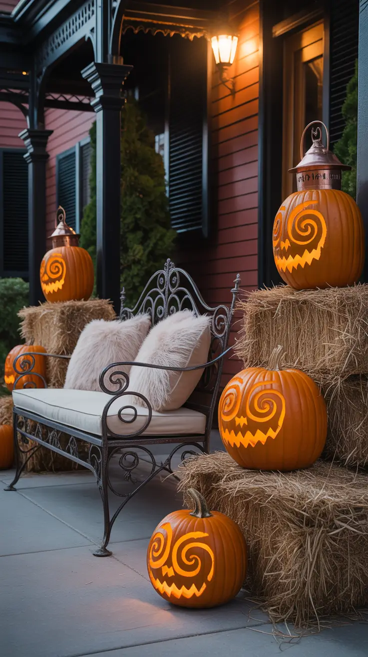 Halloween Front Porch Decor Ideas 2025 Spooky Chic Entrance Decor Using Hay Bales and Lanterns