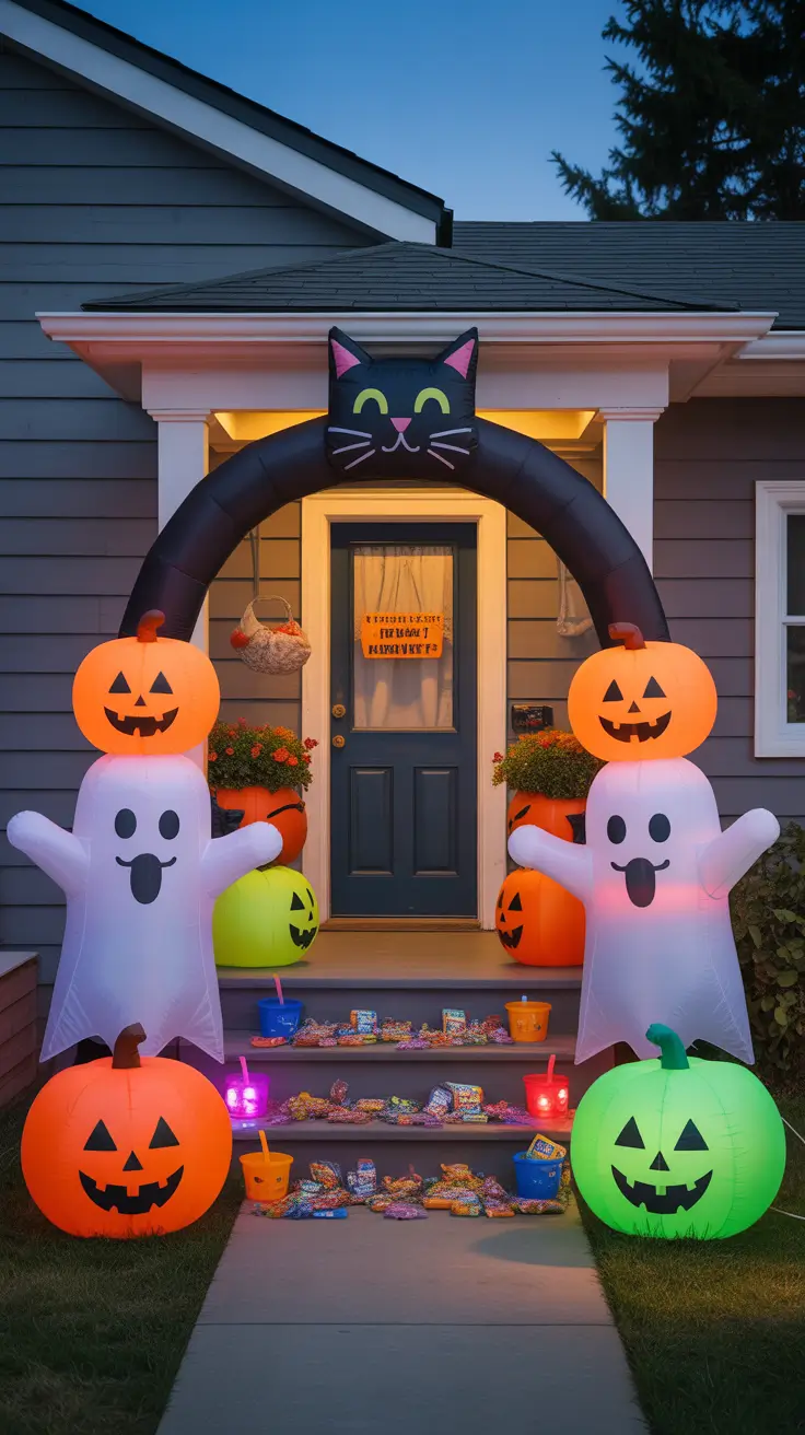 halloween front porch decor ideas 2025 Spooky-Cute Kids’ Porch Setup With Inflatable Surprises