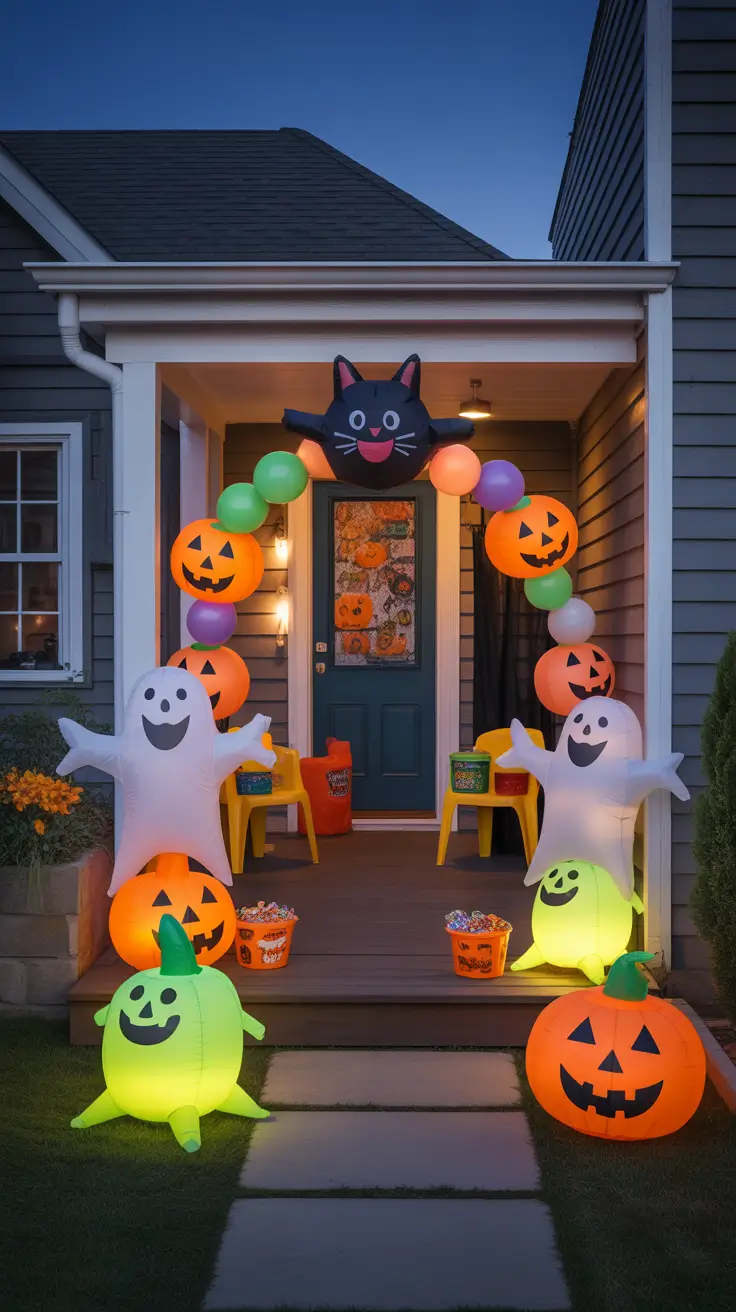 halloween front porch decor ideas 2025 Spooky-Cute Kids’ Porch Setup With Inflatable Surprises