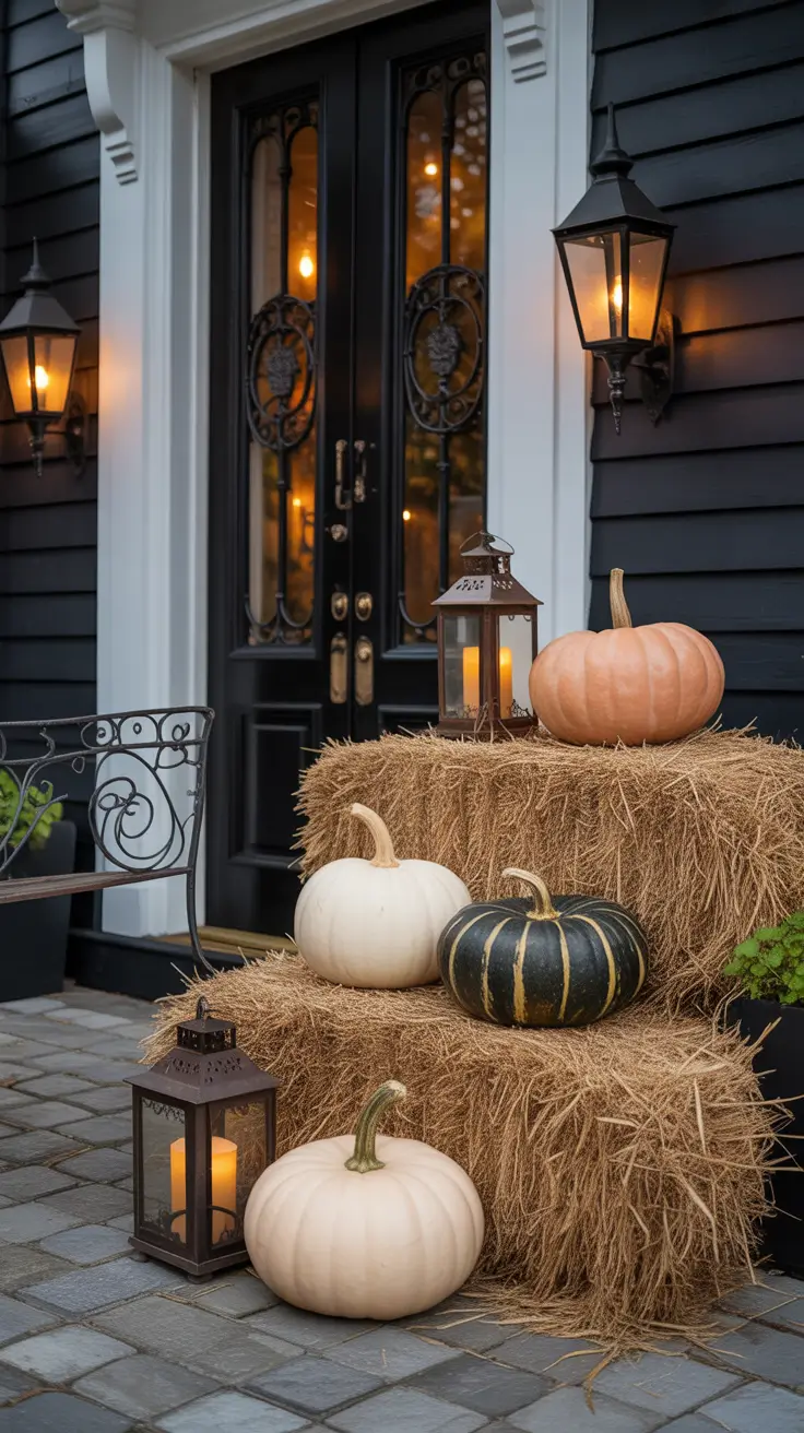 Halloween Front Porch Decor Ideas 2025 Spooky Chic Entrance Decor Using Hay Bales and Lanterns