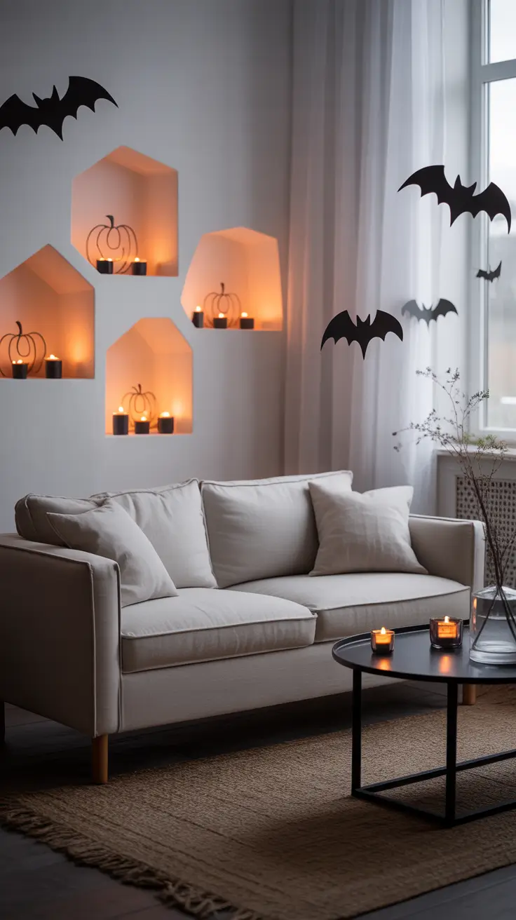 halloween home decor ideas 2025 Modern Gothic: Black Bats and Clean Lines