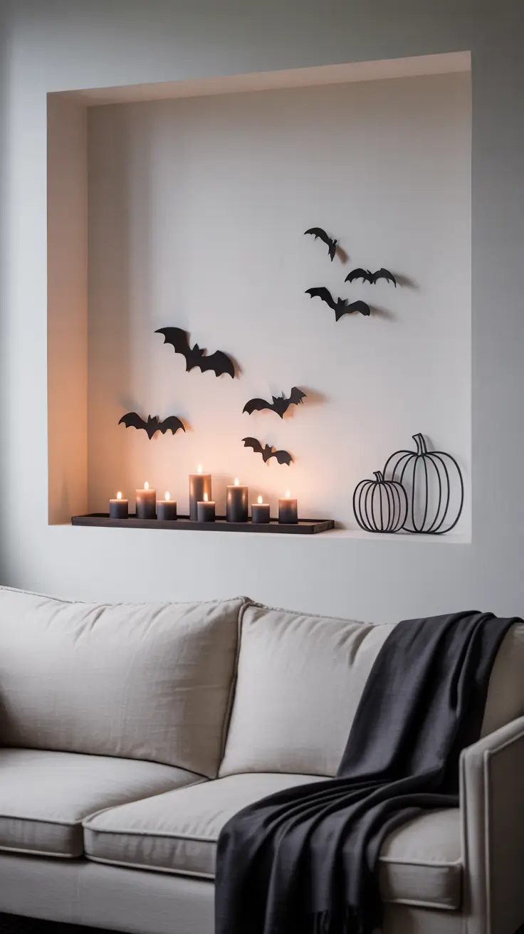 halloween home decor ideas 2025 Modern Gothic: Black Bats and Clean Lines
