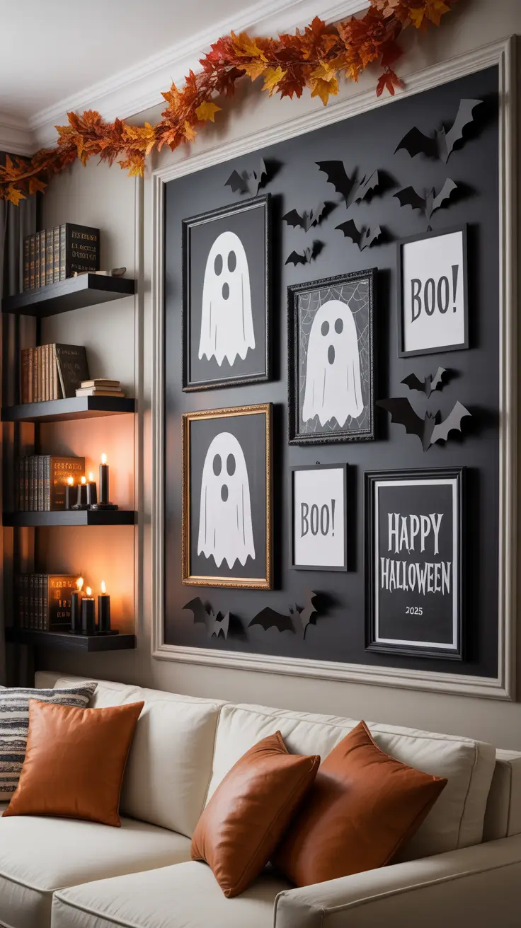 Halloween Home Decor Ideas 2025 Ghostly Gallery Wall with a Modern Twist