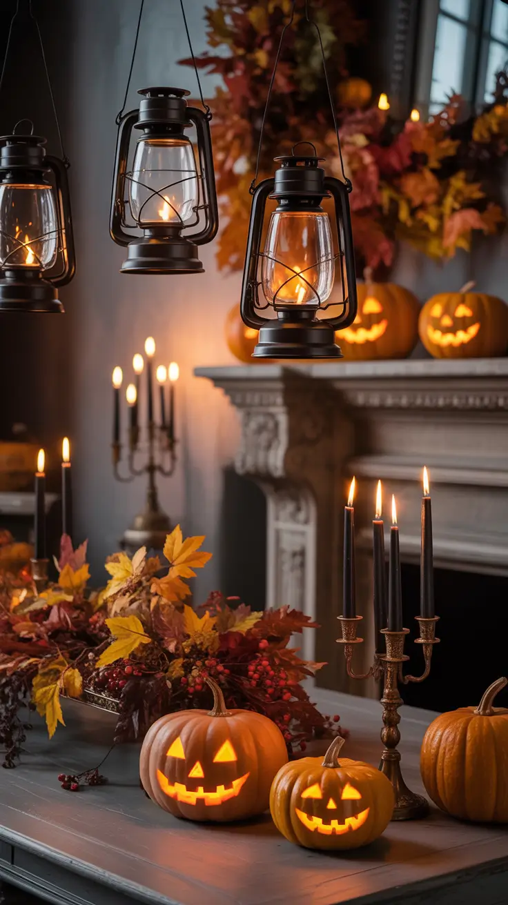 Halloween Home Decor Ideas 2025 Fall and Glowing Jack-O’-Lantern Mantel