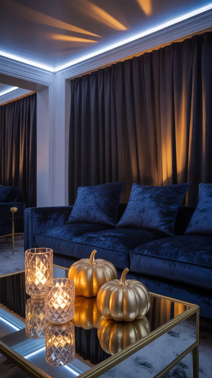 halloween home decor ideas 2025 Glamorous Halloween With Gold Pumpkins and Velvet