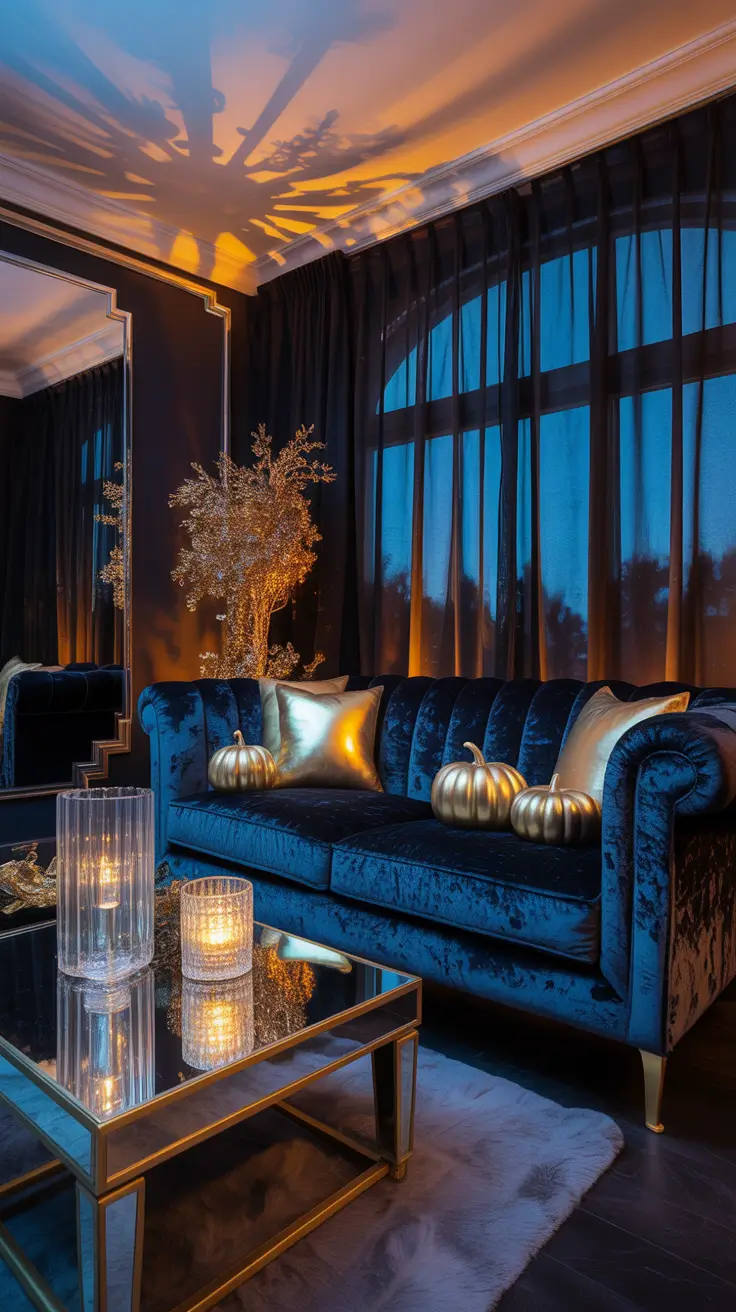 halloween home decor ideas 2025 Glamorous Halloween With Gold Pumpkins and Velvet