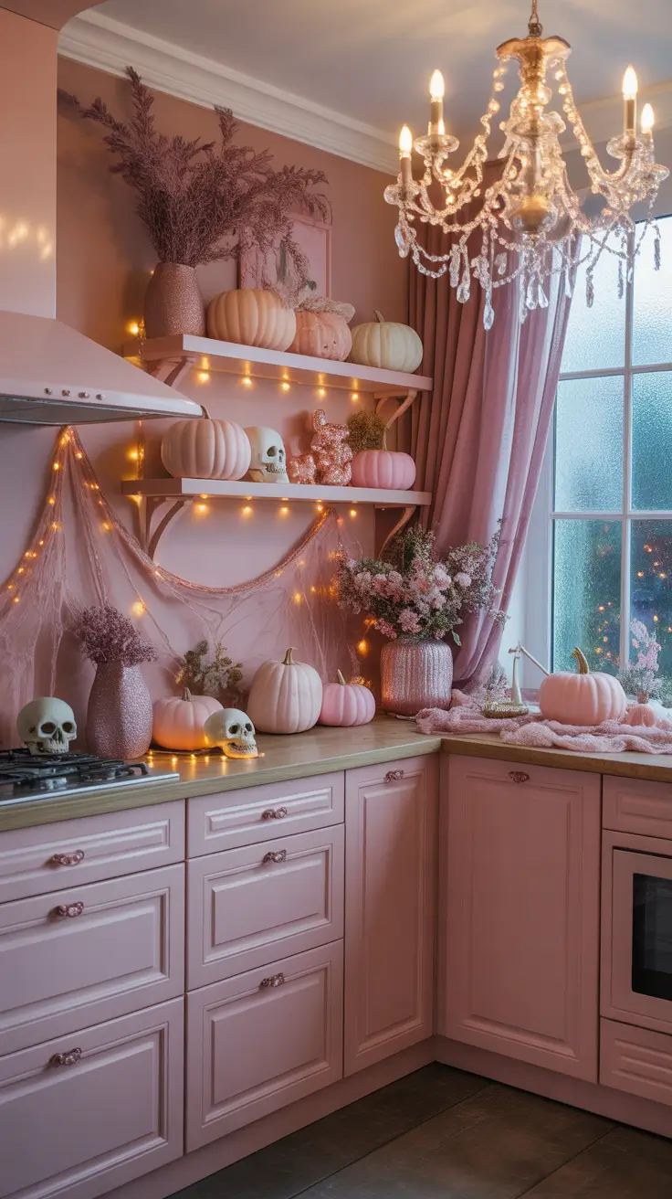 halloween kitchen decor ideas 2025 Pretty in Pink: Glamorous Yet Ghoulish Kitchen Accents