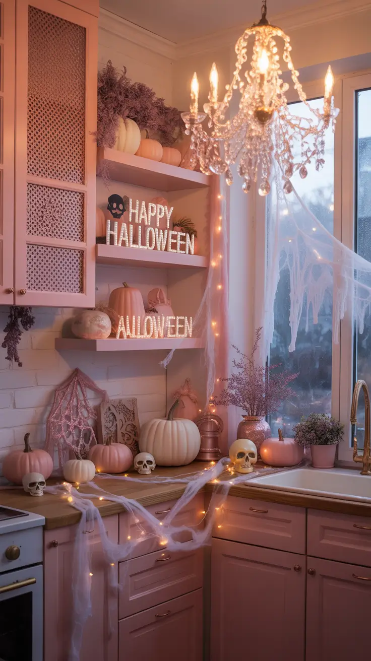 halloween kitchen decor ideas 2025 Pretty in Pink: Glamorous Yet Ghoulish Kitchen Accents