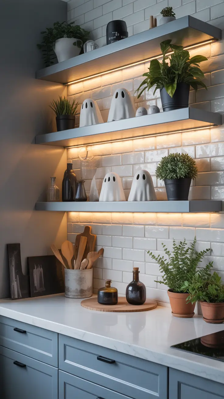 Halloween kitchen decor ideas 2025 Floating Ghost Shelves