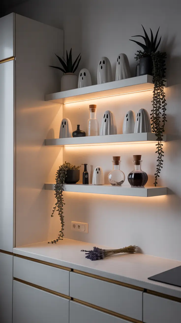 Halloween kitchen decor ideas 2025 Floating Ghost Shelves