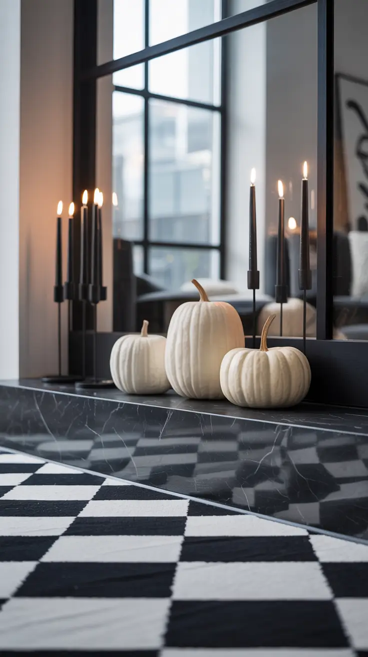 halloween mantle ideas 2025 Black And White Halloween Mantle Aesthetic