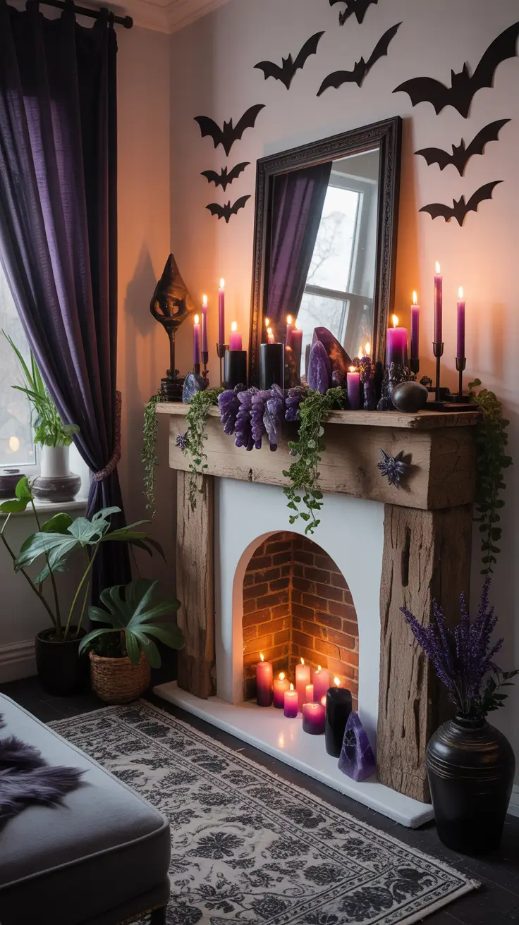 halloween mantle ideas 2025 Witchcore Halloween Mantle With Crystals And Bats