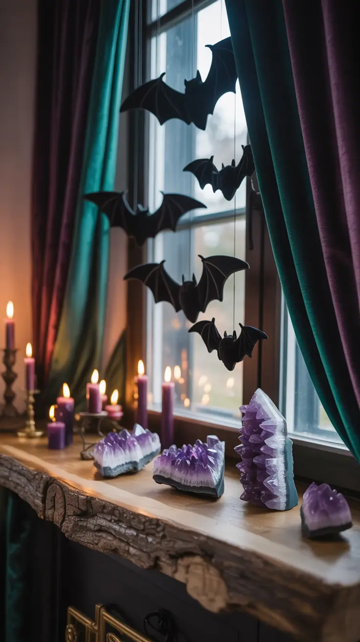 halloween mantle ideas 2025 Witchcore Halloween Mantle With Crystals And Bats