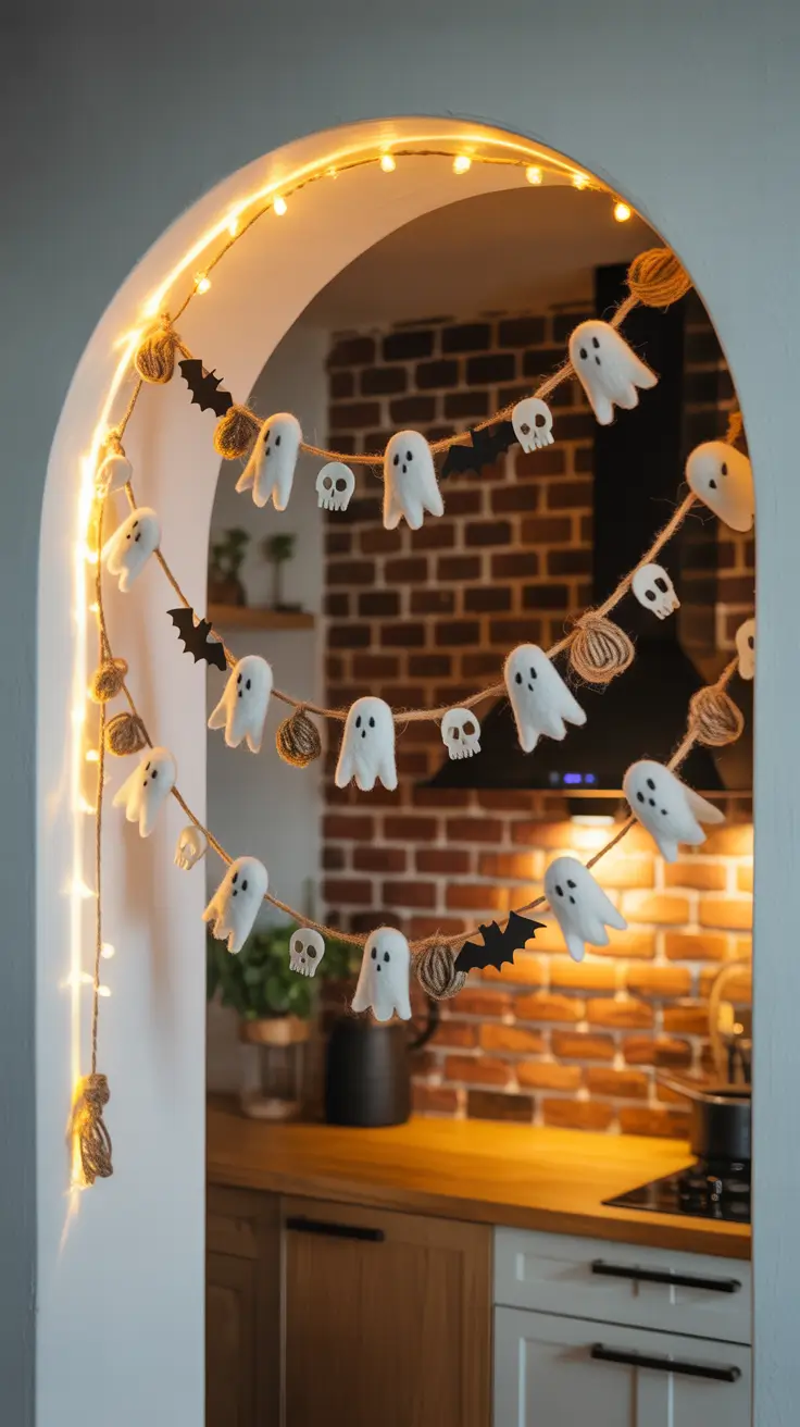 indoor halloween decor ideas 2025 Ghostly Garlands: Soft Halloween Touches for Arches