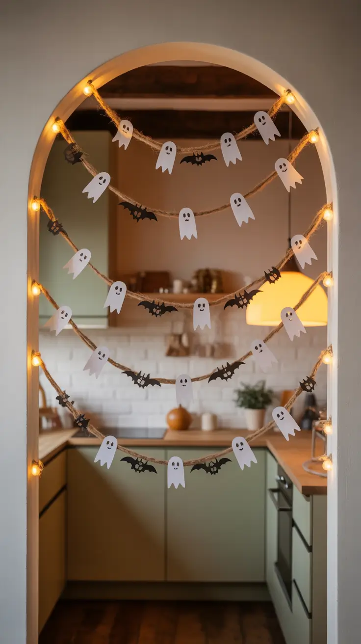 indoor halloween decor ideas 2025 Ghostly Garlands: Soft Halloween Touches for Arches