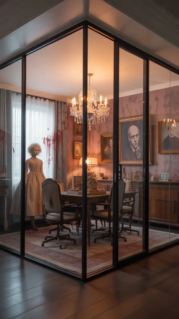 scary halloween office decorations 2025 Dollhouse of Nightmares in the Conference Room