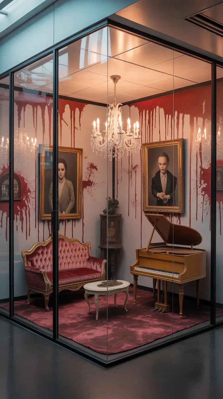 scary halloween office decorations 2025 Dollhouse of Nightmares in the Conference Room